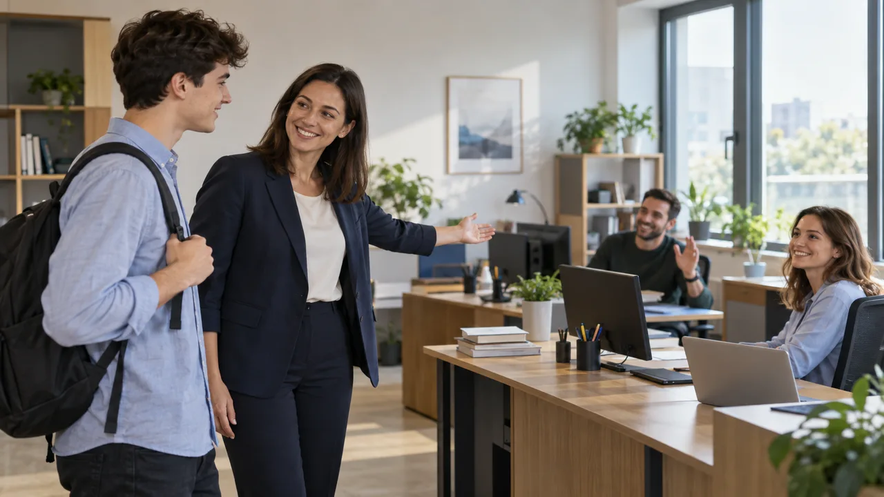 Mentor yeni stajyeri ekiple ve çalışma alanıyla tanıştırıyor.