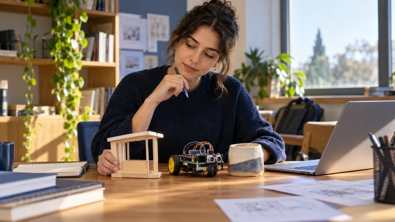 Öğrenci masada ahşap bir maket, küçük bir robot ve dizüstü bilgisayarın önünde kalemi çenesinde düşünüyor.