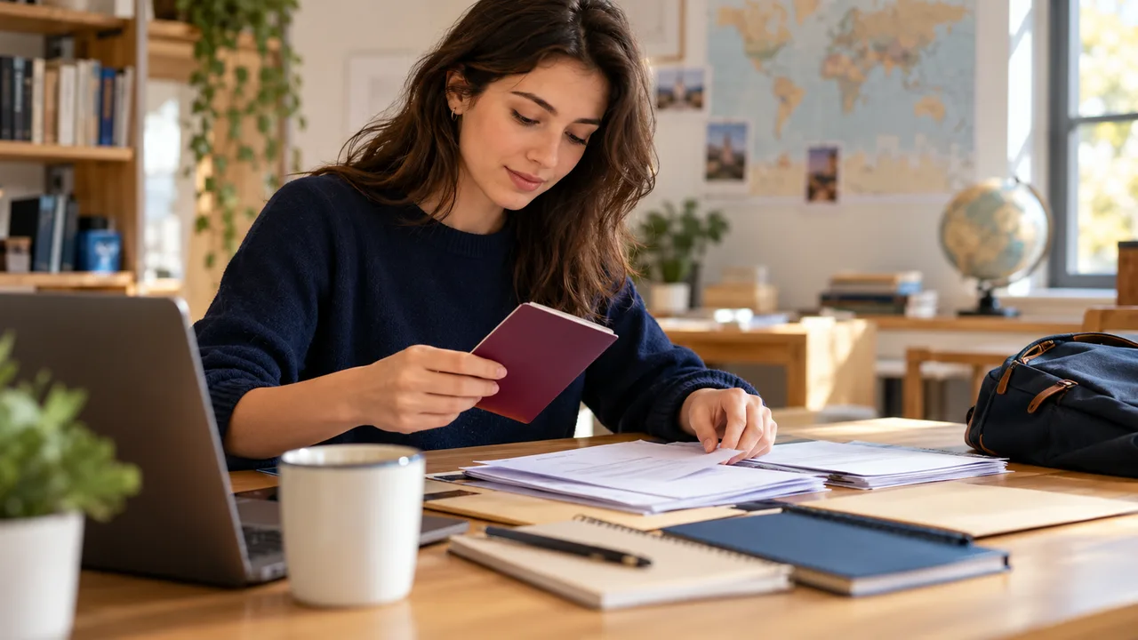 Öğrenci kapalı bir pasaportu ve masadaki evrakları düzenliyor; belgelerde okunabilir bilgi yok.