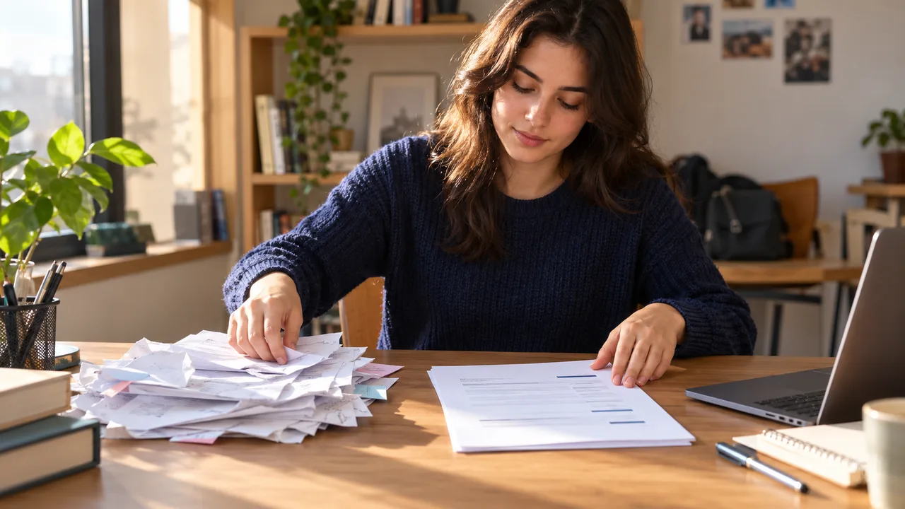 Öğrenci dağınık taslak yığınının yanında sade, tek sütunlu bir CV taslağını düzenliyor.