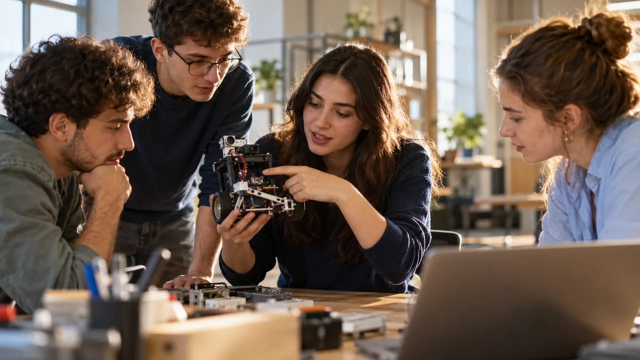 Öğrenci elindeki robot prototipini anlatırken ekip arkadaşları dinliyor.