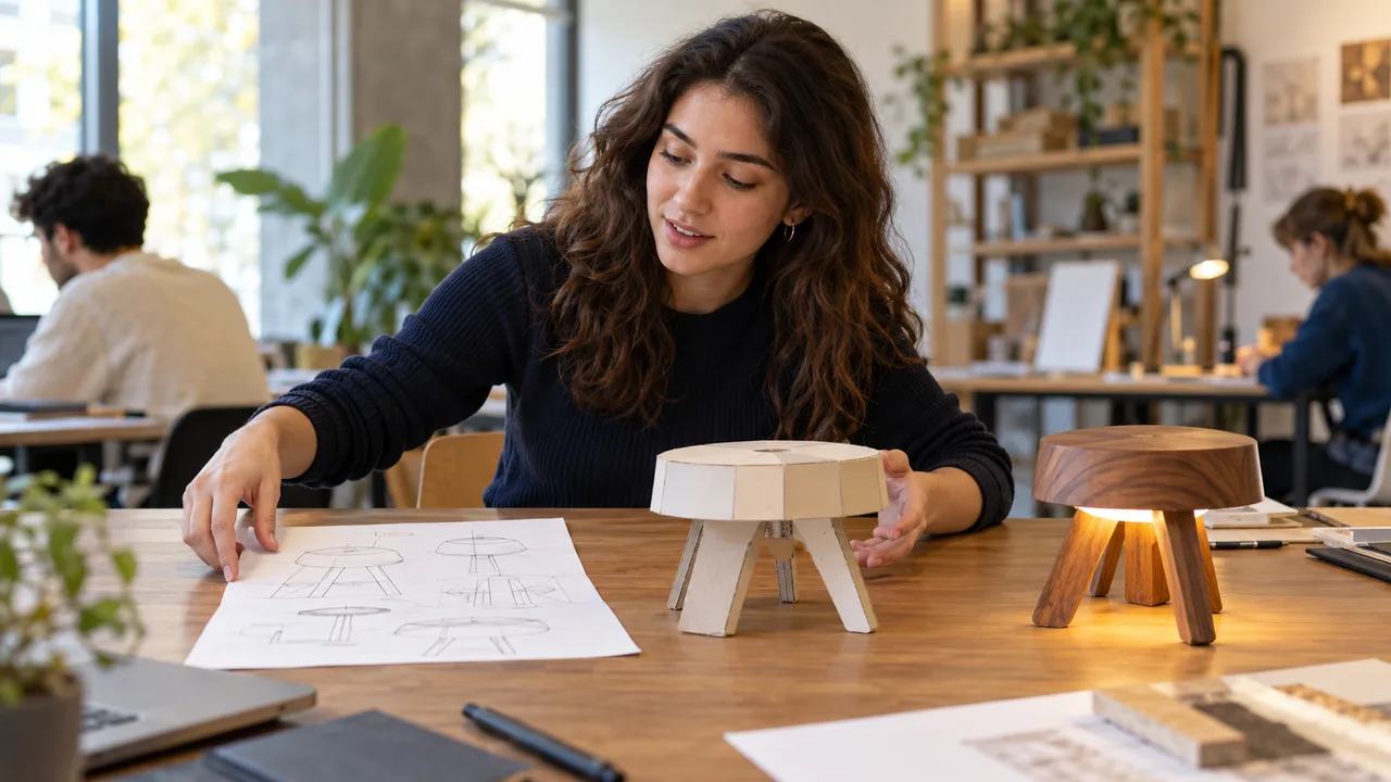 Öğrenci masaya ilk çizimi, ara modeli ve bitmiş ürünü sırayla diziyor.